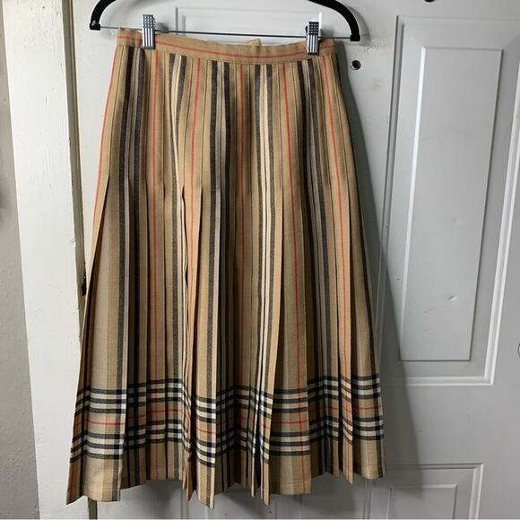 Burberry Vintage icon striped checkered pleated wool midi skirt size S England - Picture 2 of 6
